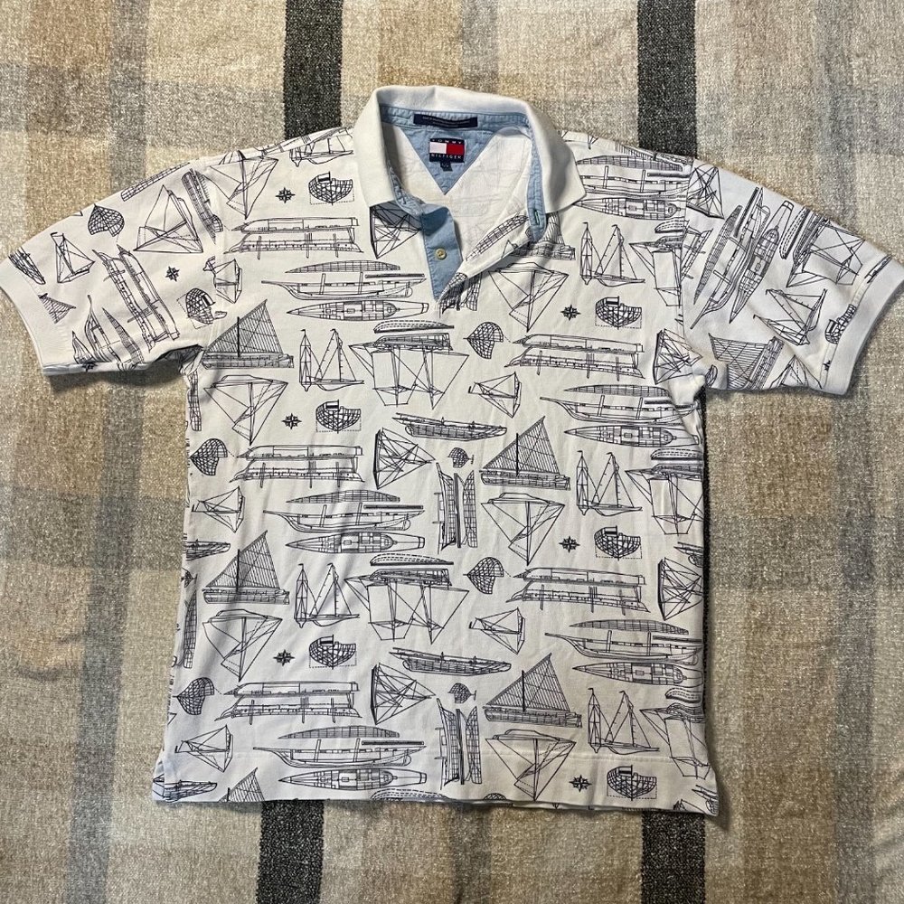Tommy Hilfiger White/Navy Sailboat Pattern Short Sleeve Polo Shirt